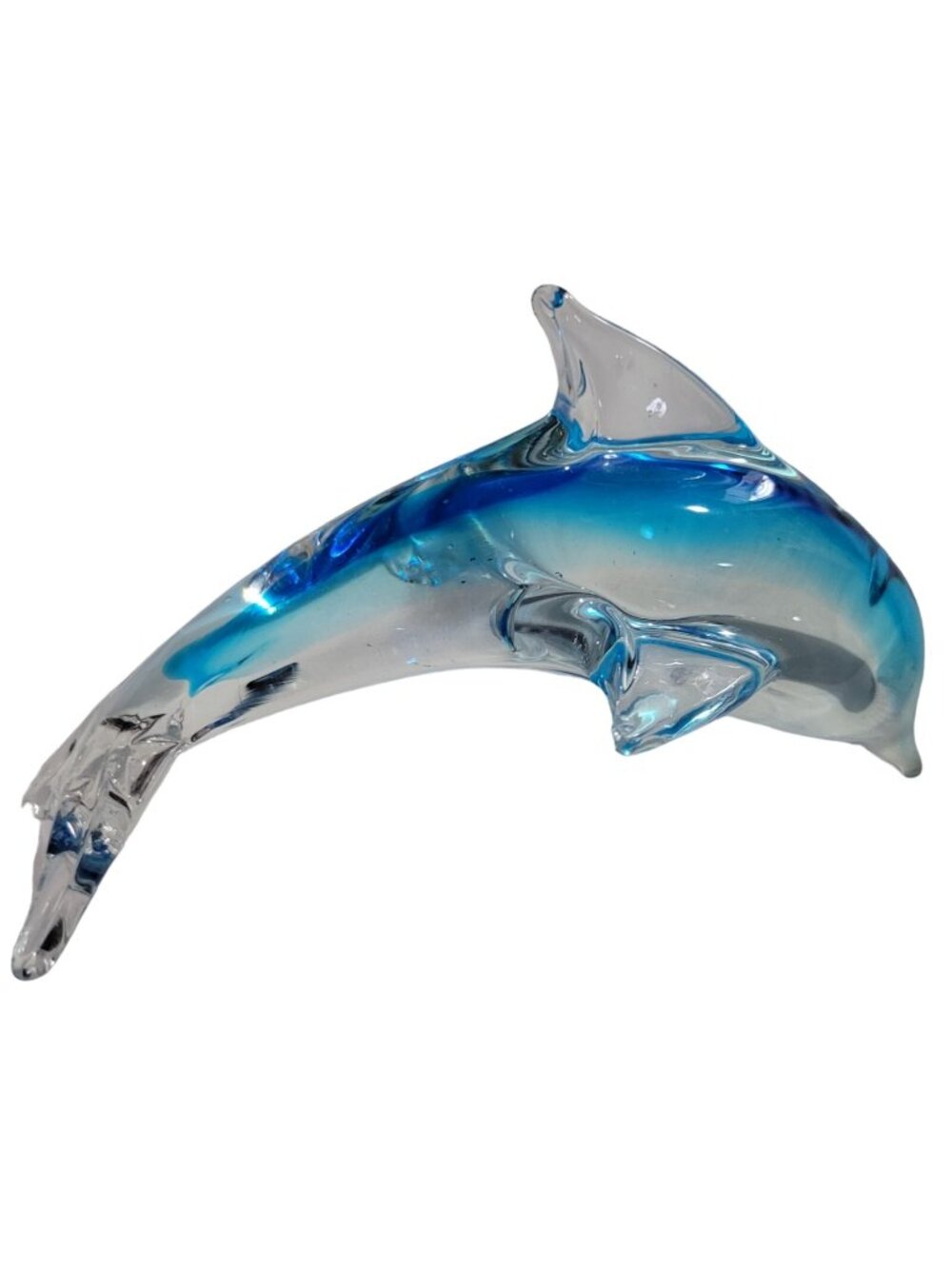 Blown Art Glass Arched Dolphin Cobalt Blue Clear Paperweight Figurine 6in